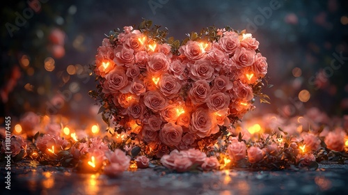 Heart of Roses: A mesmerizing arrangement of pink roses forming a heart shape, illuminated by warm candlelight, creating a romantic and enchanting ambiance.  