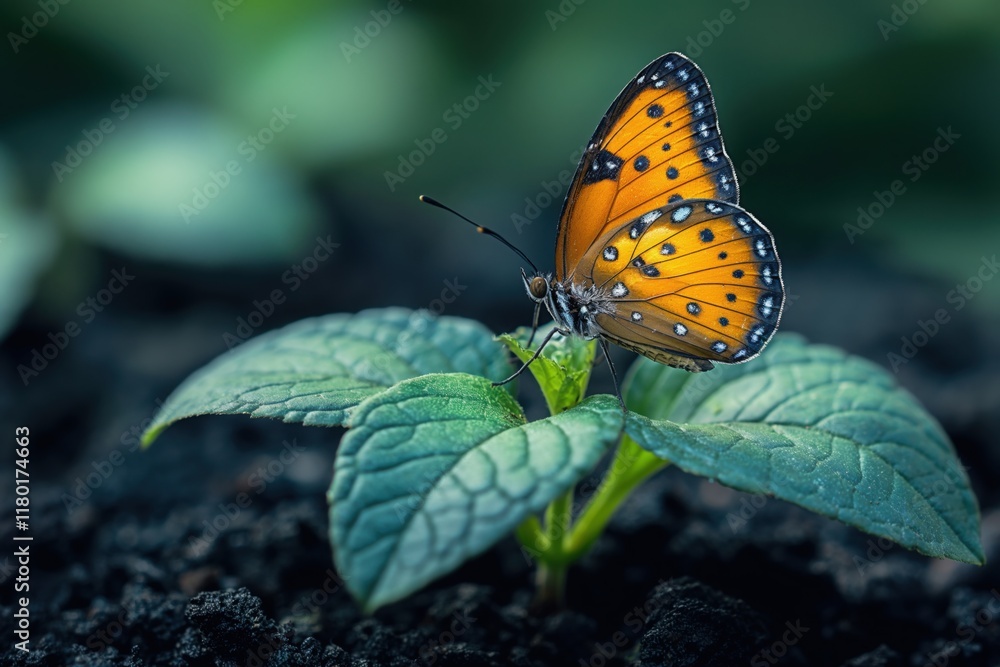 vibrant orange butterfly resting on tiny green sprout in soft focus garden setting wing details concept of wildlife conservation ecotourism horticulture vibrant orange butterfly resting on tiny green sprout in soft focus garden setting wing details concept of wildlife conservation ecotourism horticulture
