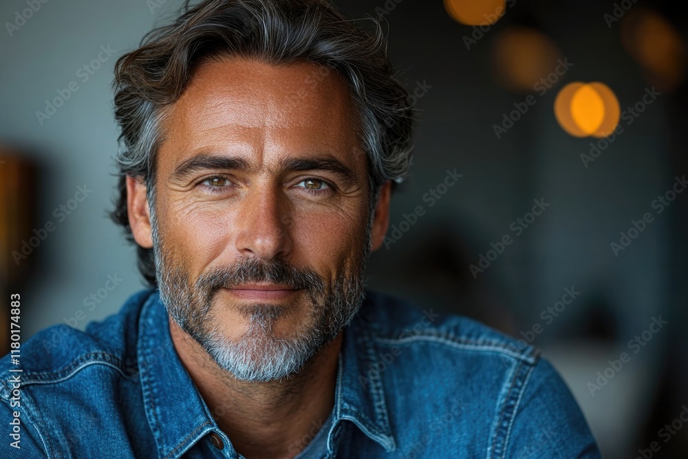 A close-up shot of someone wearing a denim shirt, suitable for use as a portrait or for illustration purposes A close-up shot of someone wearing a denim shirt, suitable for use as a portrait or for illustration purposes
