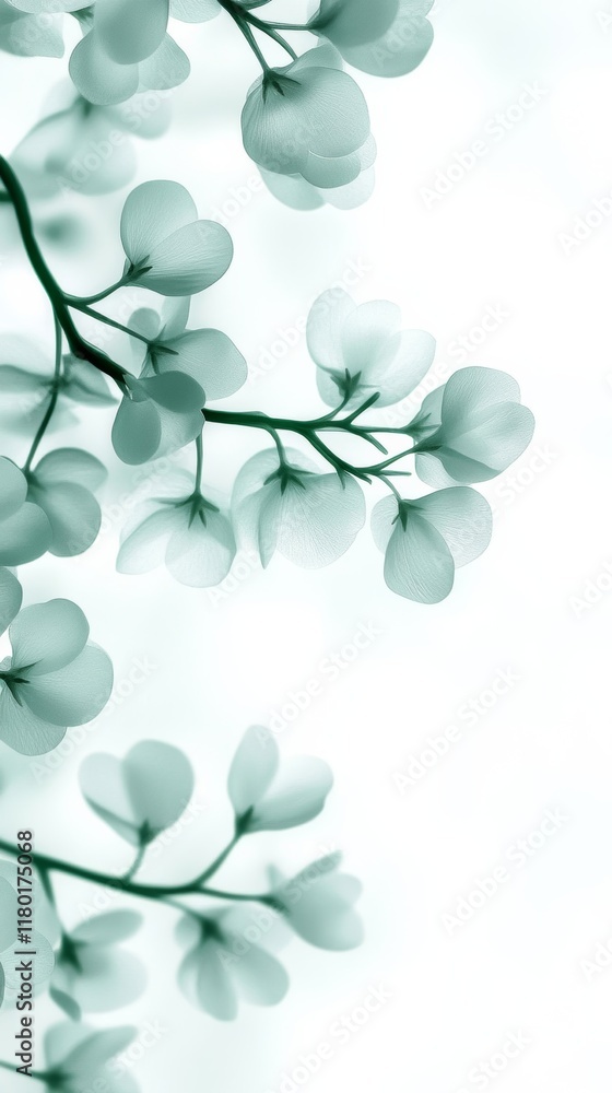 Soft spring abstract with delicate swirling vines and faint blossoms in shades of mint green and blush pink over a white gradient Soft spring abstract with delicate swirling vines and faint blossoms in shades of mint green and blush pink over a white gradient