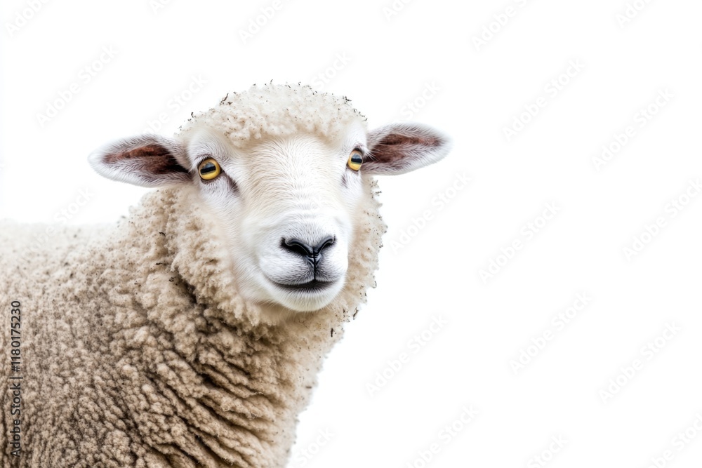 A close-up image of a sheep with a pure white background, great for editorial or commercial use A close-up image of a sheep with a pure white background, great for editorial or commercial use