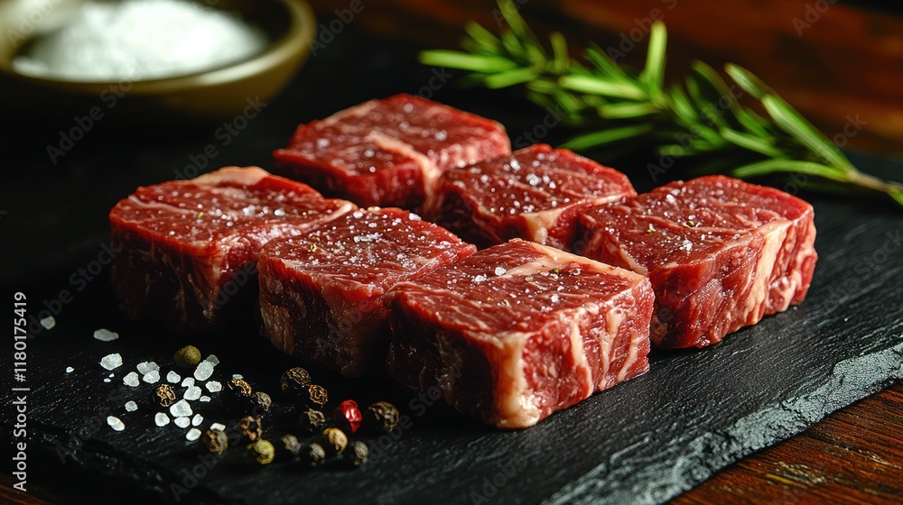 Freshly Cut Raw Beef Steaks with Sea Salt, Pepper, and Rosemary Freshly Cut Raw Beef Steaks with Sea Salt, Pepper, and Rosemary
