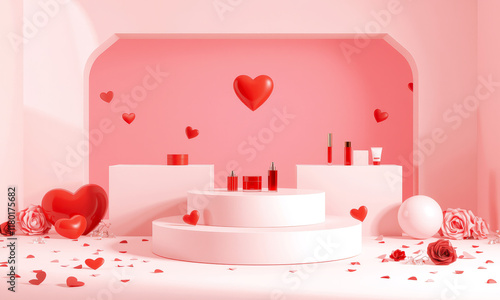 romantic pink and red themed podium display with heart decorations, roses, and cosmetic products creates charming Valentine Day atmosphere photo