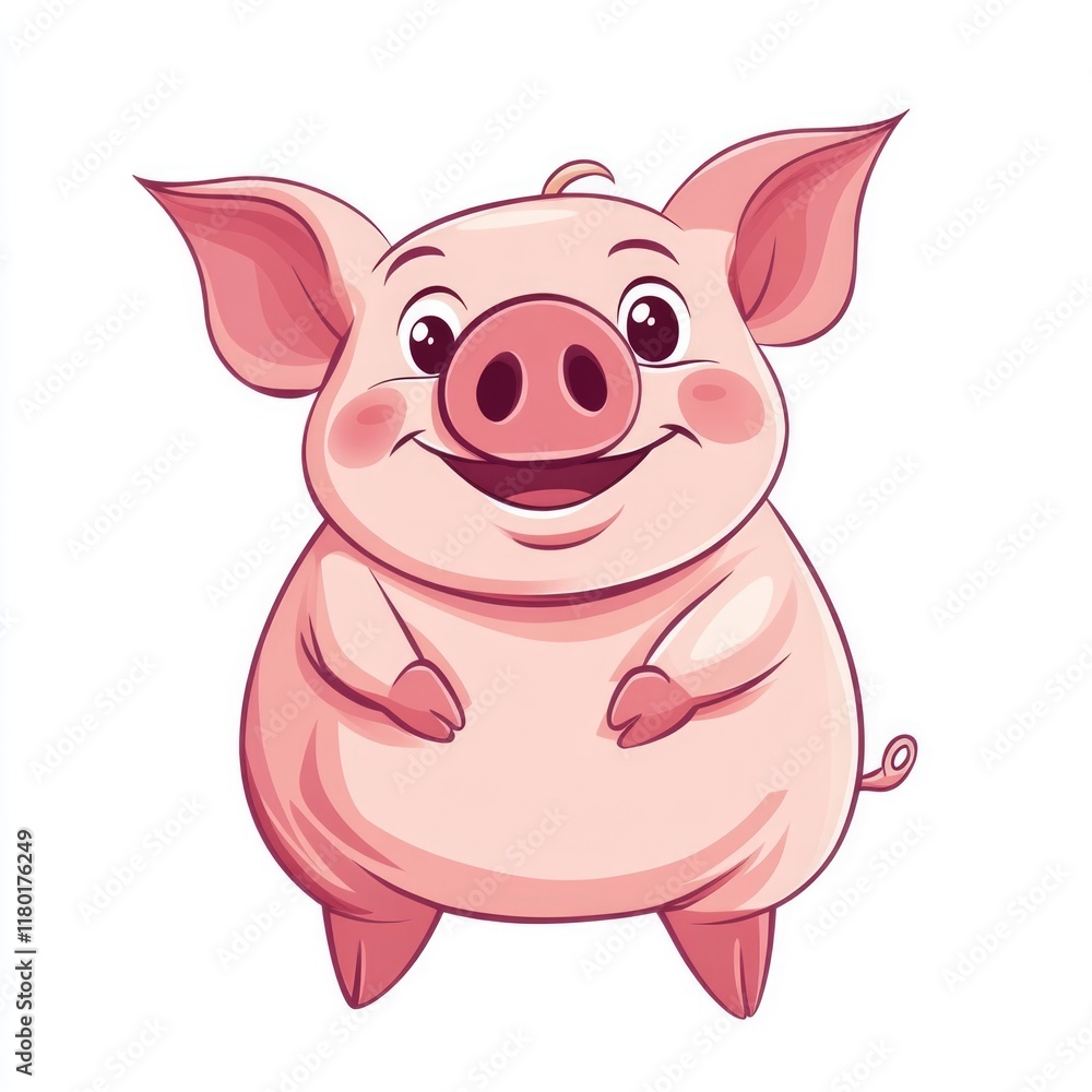 Fototapeta premium A happy cartoon pig stands up with a smile on its face, perfect for illustrations or design projects