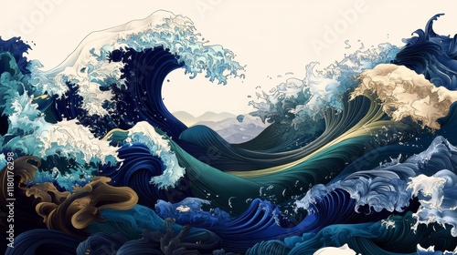 Wallpaper Mural Oceanic Serenity, vibrant waves of deep blue and light green, intricate textures capture the essence of a tranquil seascape. Torontodigital.ca