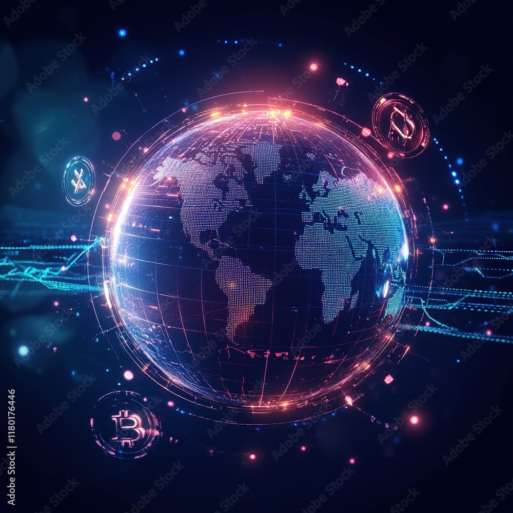 A futuristic 3D illustration of a glowing digital globe with cryptocurrency symbols and interconnected networks representing global financial systems and blockchain technology A futuristic 3D illustration of a glowing digital globe with cryptocurrency symbols and interconnected networks representing global financial systems and blockchain technology