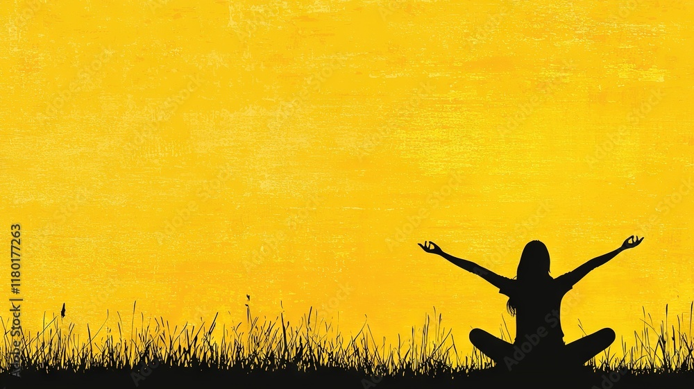 A figure with arms outstretched on green grass against a vivid yellow backdrop forms a silhouette A figure with arms outstretched on green grass against a vivid yellow backdrop forms a silhouette