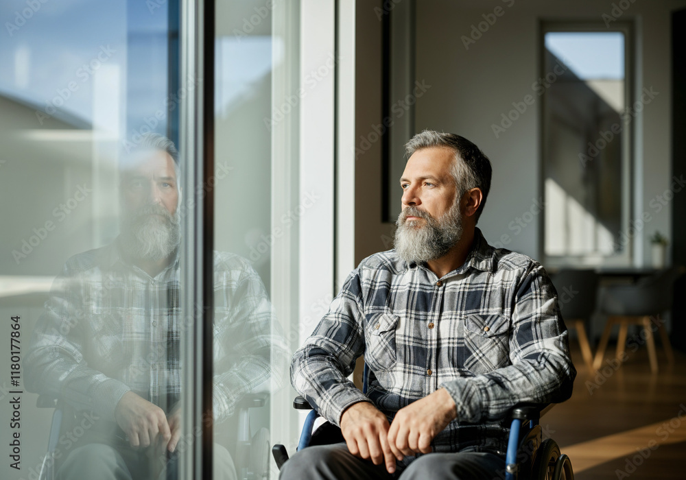 Senior man with beard sitting on wheelchair looking out window, sunlight illuminating his thoughtful expression Senior man with beard sitting on wheelchair looking out window, sunlight illuminating his thoughtful expression