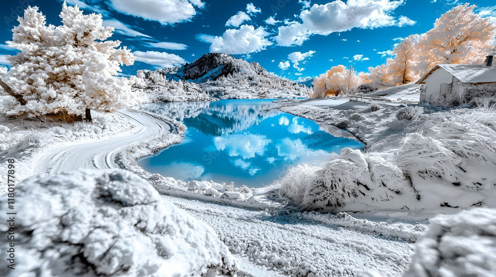 Obraz premium A serene landscape featuring vibrant blue water, fluffy clouds, and white foliage, creating a dreamlike, surreal atmosphere.