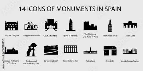 14 black icons of monuments in Spain. Vector on a gray background