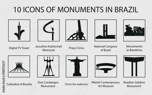 10 black icons of monuments in Brazil. Vector on a gray background
