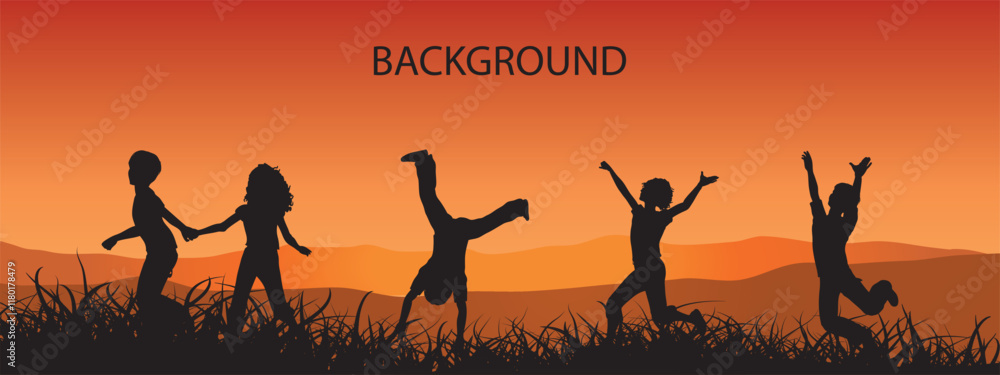 Silhouetted children are engaging in playful activities as the sun sets in the background, creating a colorful display of orange and yellow hues in the sky. Silhouetted children are engaging in playful activities as the sun sets in the background, creating a colorful display of orange and yellow hues in the sky.