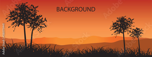 landscape with sunset, hills and silhouettes of trees and grass 