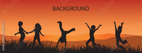 Silhouetted children are engaging in playful activities as the sun sets in the background, creating a colorful display of orange and yellow hues in the sky.