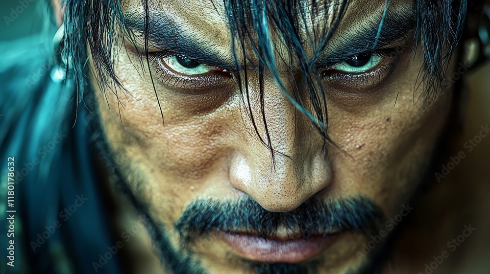 Intense close-up of a man with piercing eyes showcasing determination and strength in a dramatic setting Intense close-up of a man with piercing eyes showcasing determination and strength in a dramatic setting