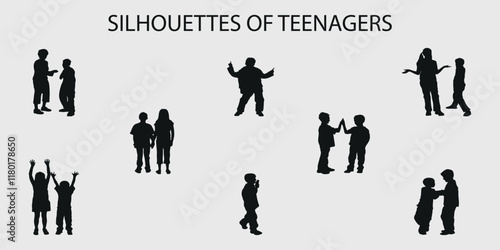 Black silhouette entertaining teenagers. Vector on gray background