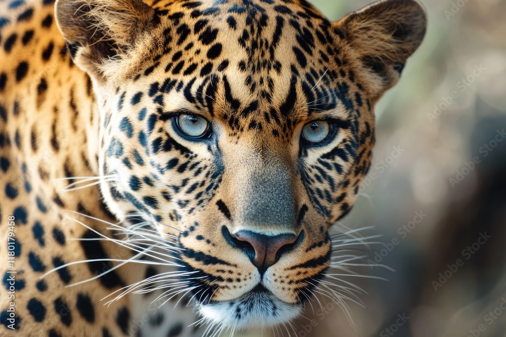 Naklejka premium A close-up view of a leopard's face with blurred background
