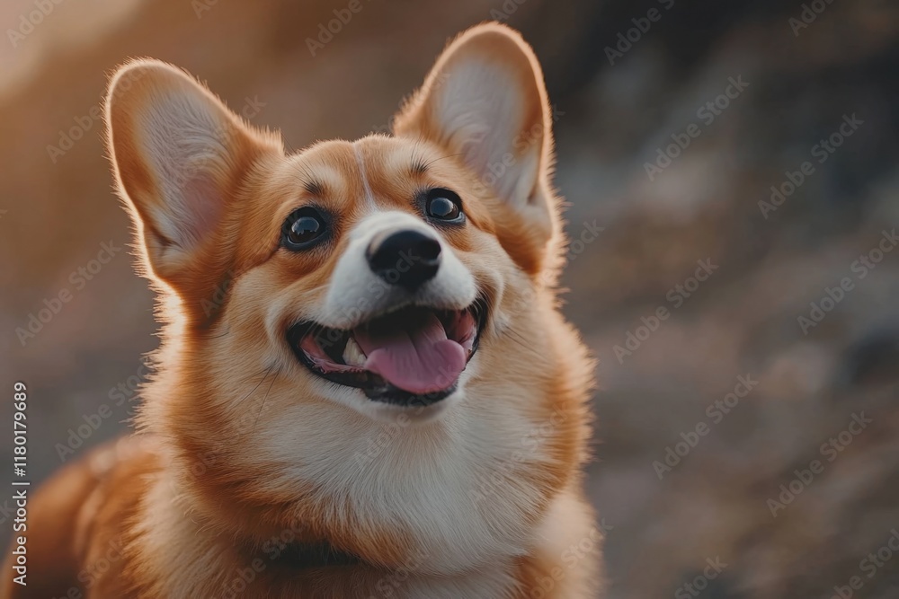 Fototapeta premium A cute Corgi dog smiles and sticks out its tongue while standing outdoors, captured in close-up with a blurred background Generative AI