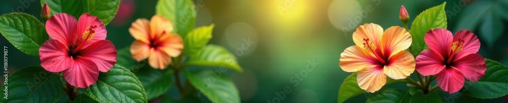 Fototapeta premium Colorful Hibiscus flowers blooming in lush greenery , monstera, exotic