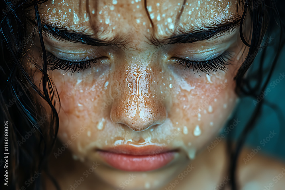 Fototapeta premium A realistic depiction of a child crying, showing tears streaming down their face, expressive emotions, and a vulnerable moment, emphasizing innocence and raw emotion.