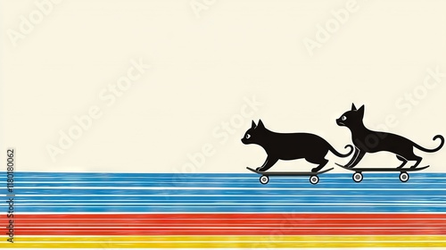   Two feline friends cruising atop a skateboard, framed by a vibrant rainbow backdrop on a pristine white canvas