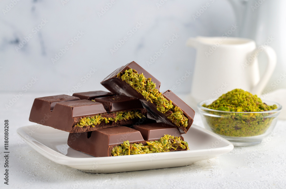 Trend chocolate; Dubai chocolate is made with pistachio paste and kadayif.