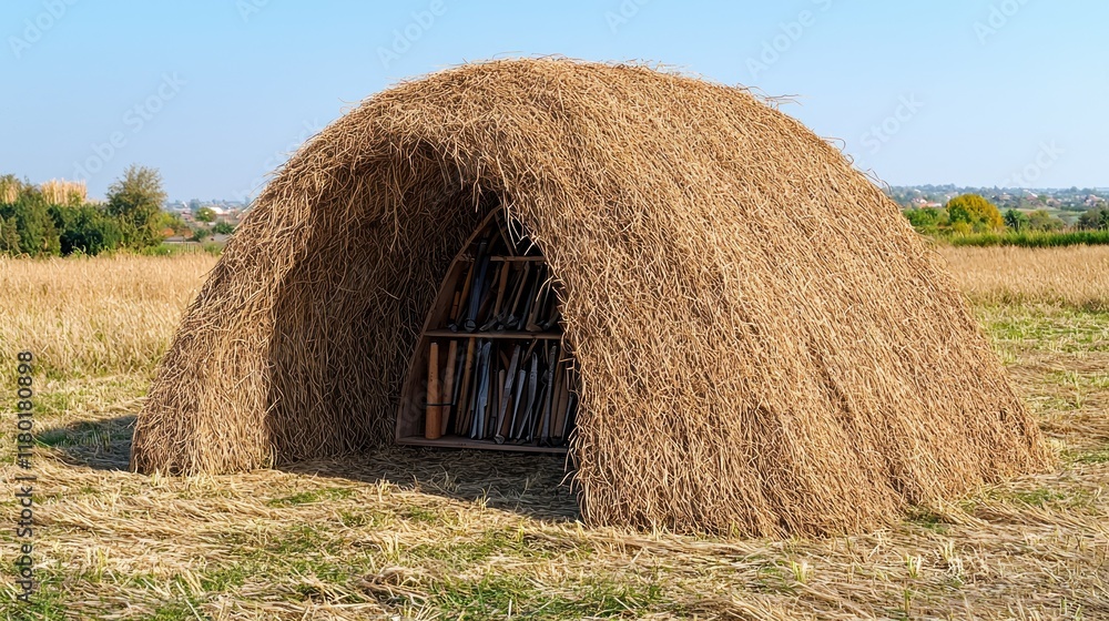 A straw structure resembling a hut in a rural field. A straw structure resembling a hut in a rural field.