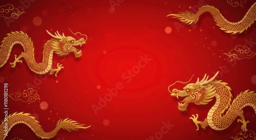Wallpaper Mural Golden Dragons on Red Background:  Two majestic golden dragons with swirling tails grace a vibrant red background, creating a captivating and auspicious backdrop for your next design.   Torontodigital.ca
