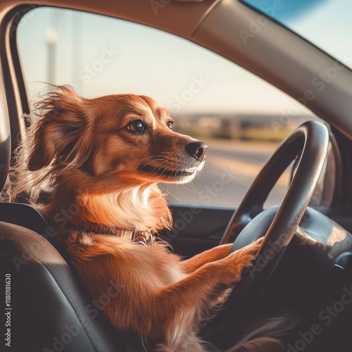 A dog sits comfortably in the driver's seat of a car, possibly getting ready for an adventure photo