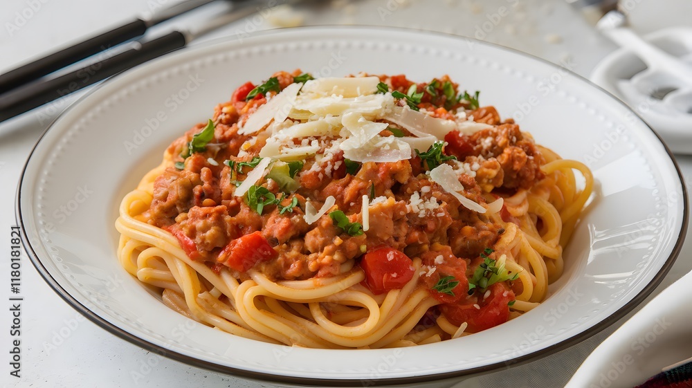 A white plate arranged with spaghetti, meat sauce, and cheese A white plate arranged with spaghetti, meat sauce, and cheese