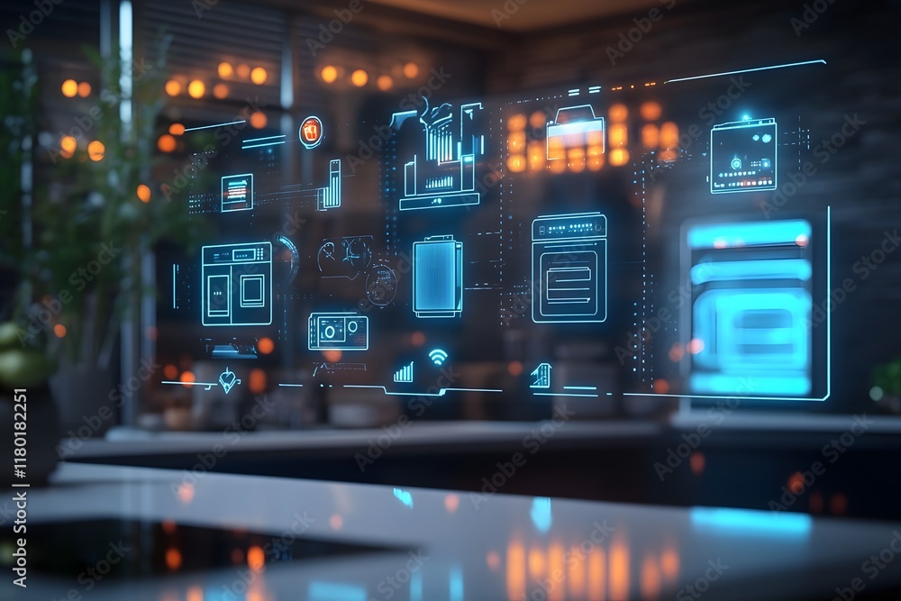 Futuristic Smart Home Interior with Floating Digital Icons and Holographic Gadgets Futuristic Smart Home Interior with Floating Digital Icons and Holographic Gadgets