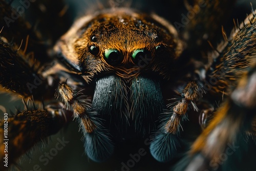 A close-up view of a spider's face with bright green eyes, ideal for use in science and nature illustrations photo