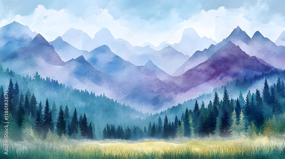 Fototapeta premium Serene Watercolor Landscape of Misty Mountains and Forest