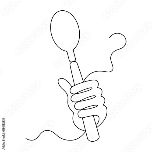 Hand holds tablespoon in its fist drawn with continuous line in minimalism, waiting for food, eating activity concept, one line, editable vector contour