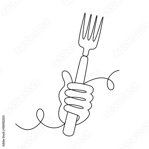 Hand holds the fork in its fist drawn with continuous line in minimalism, waiting for food, eating activity concept, one line, editable vector contour