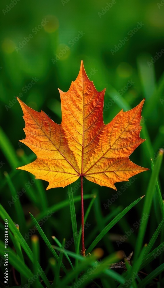 Golden maple leaf with intricate veins on lush green grass , leaf, maple Golden maple leaf with intricate veins on lush green grass , leaf, maple