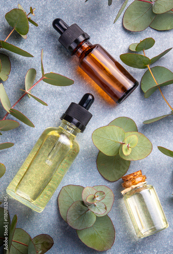 Obraz na płótnie Eucalyptus leaves and essential oil w salonie