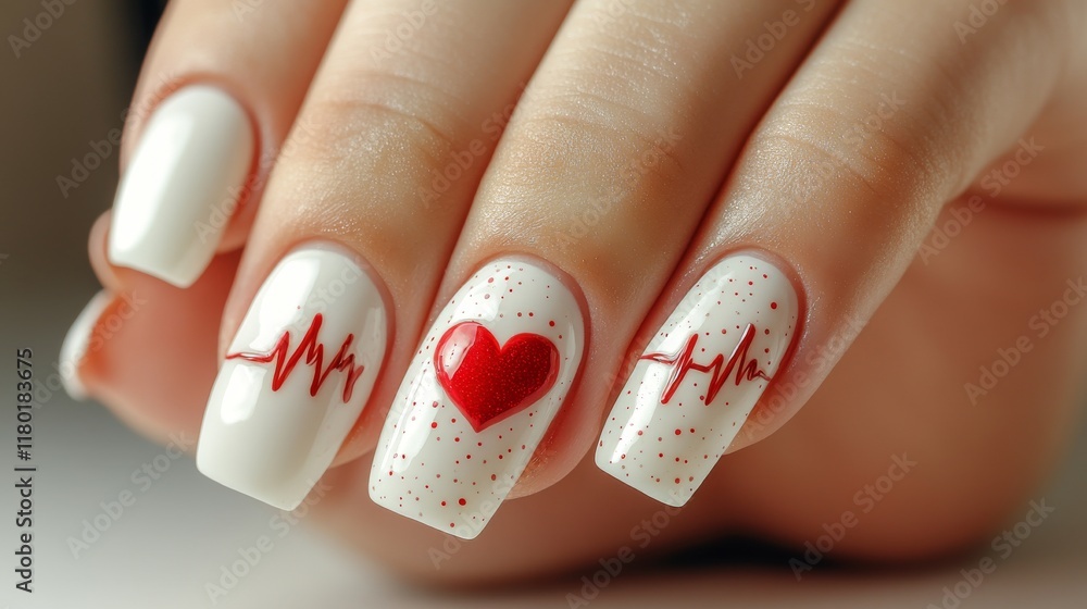 Elegant white manicure with red heart and ekg design for valentine's day nail art inspiration Elegant white manicure with red heart and ekg design for valentine's day nail art inspiration