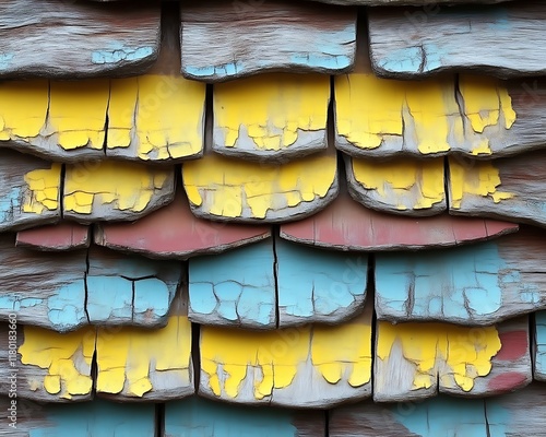 Weathered wood shingle wall with chipped paint in yellow, blue, and red. photo