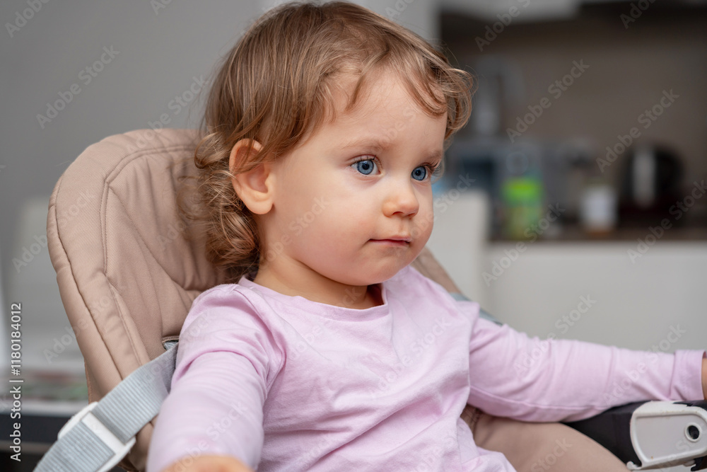 A calm and thoughtful toddler seated in a cozy home environment. A calm and thoughtful toddler seated in a cozy home environment.