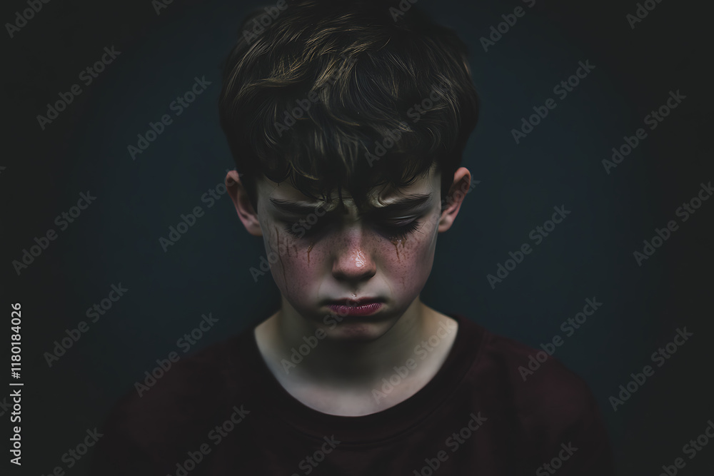 A realistic depiction of a child crying, showing tears streaming down their face, expressive emotions, and a vulnerable moment, emphasizing innocence and raw emotion.