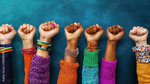 Diverse female unity: multiracial women's fists raised in solidarity against blue background