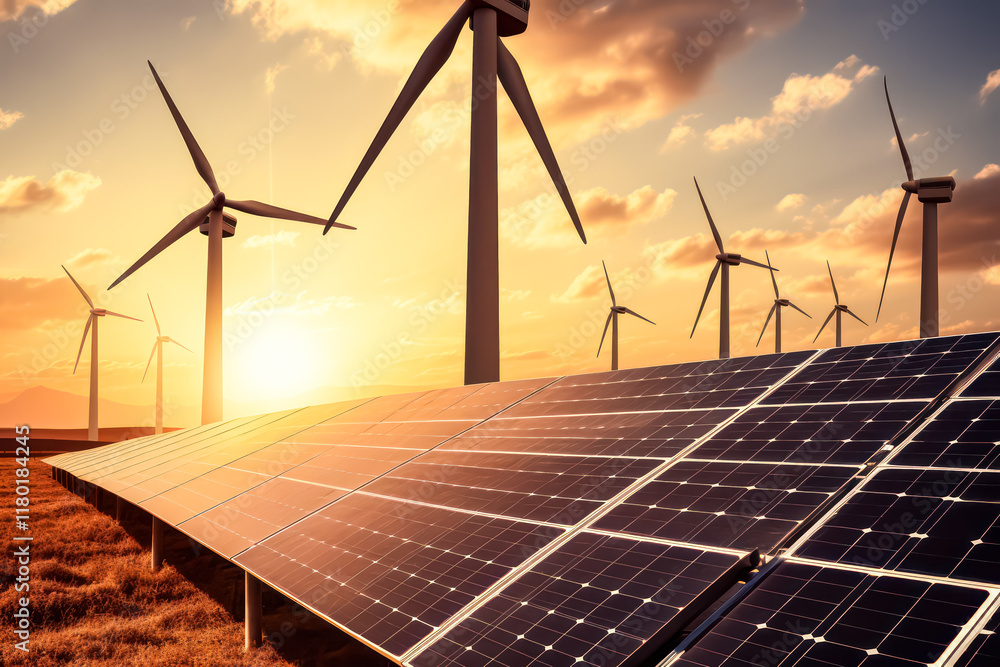 Solar panels and wind turbines in a grassy field with sunlight Solar panels and wind turbines in a grassy field with sunlight