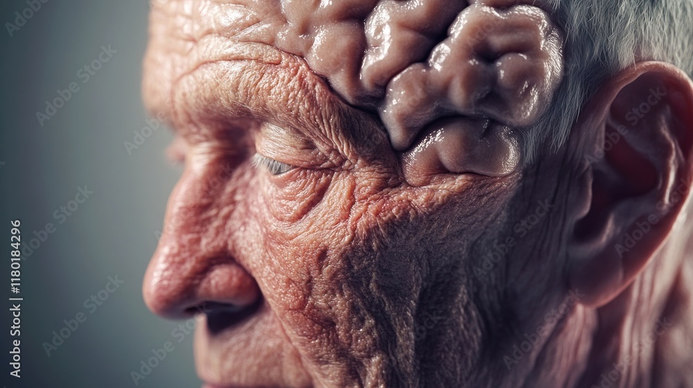 A close-up shot of a person wearing a brain on their head, potentially for educational or humorous purposes A close-up shot of a person wearing a brain on their head, potentially for educational or humorous purposes