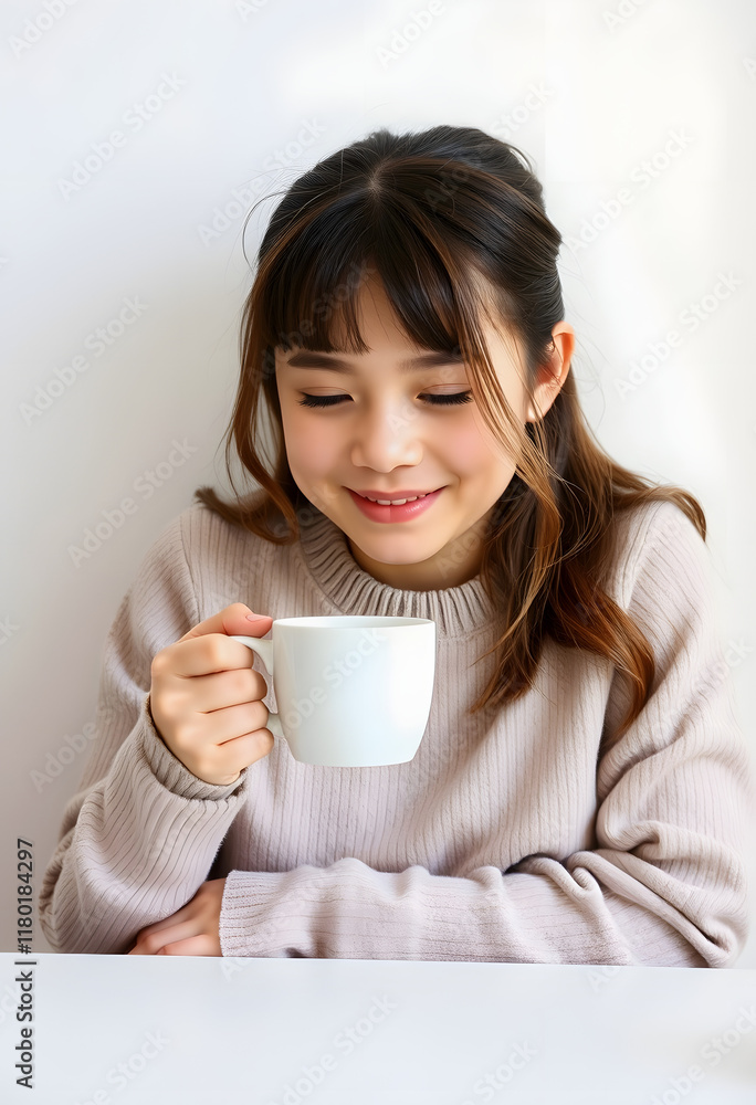 Funny Girl with Hot Drink Coffee Cup For Extra Morning Energy, minimalism, with white tones Funny Girl with Hot Drink Coffee Cup For Extra Morning Energy, minimalism, with white tones