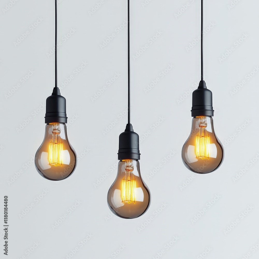 Minimalistic design of hanging light bulbs on a white background. Keywords include illumination, creativity, innovation, and simplicity. Perfect for decor and inspiration.