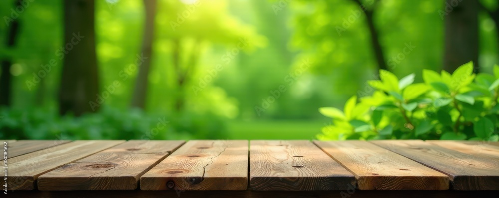 Minimalist wooden table amidst lush greenery and blurred foliage, nature, outdoors Minimalist wooden table amidst lush greenery and blurred foliage, nature, outdoors