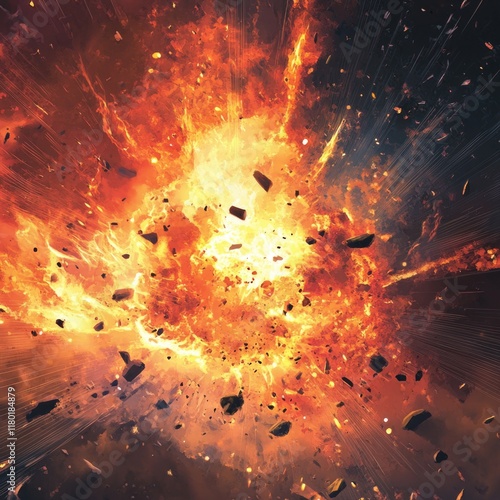 A massive explosion of rocks and debris in the air, with shockwaves radiating outward