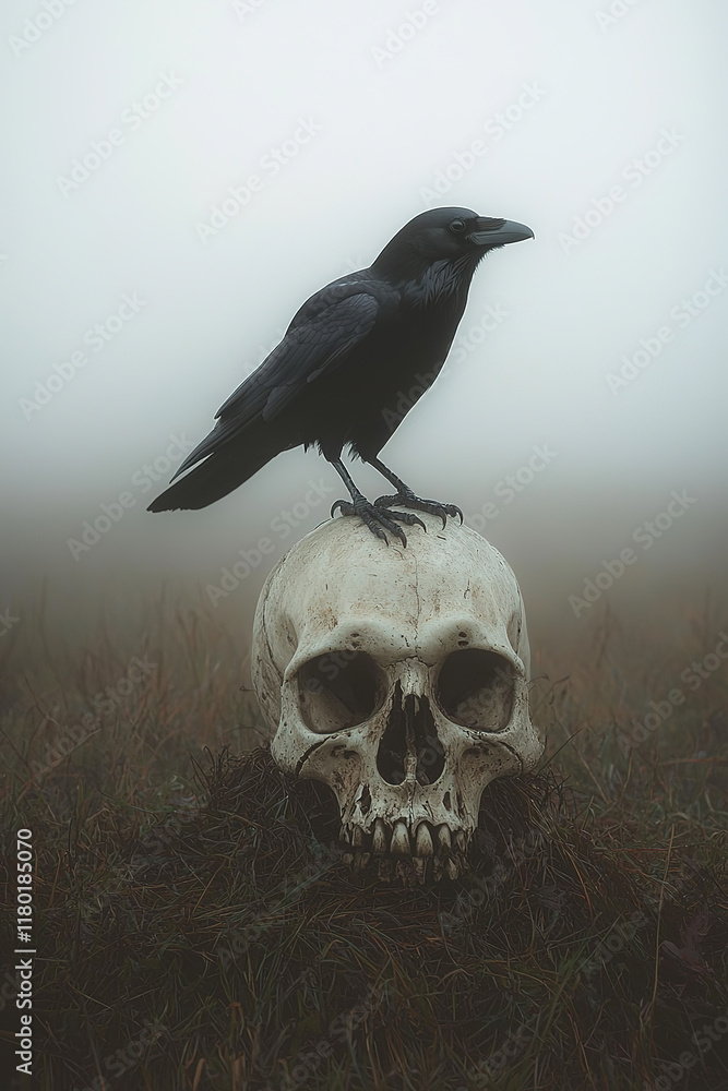 Fototapeta premium A raven perched on top of an old skull in the field