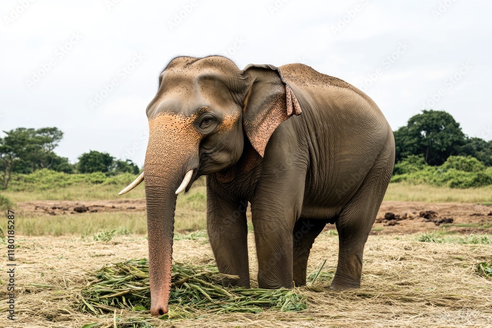 Fototapeta premium An elephant stands in a green field, eating grass